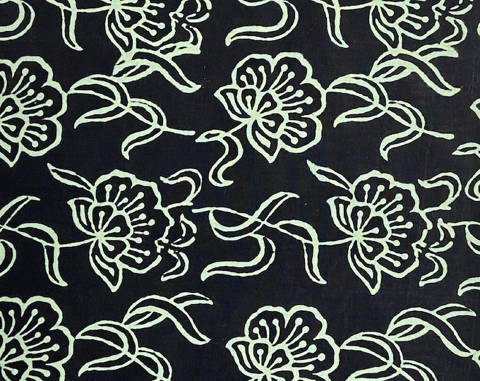 Black-White floral Block Print 100% cotton hand-stamped Fabric  FAB045
