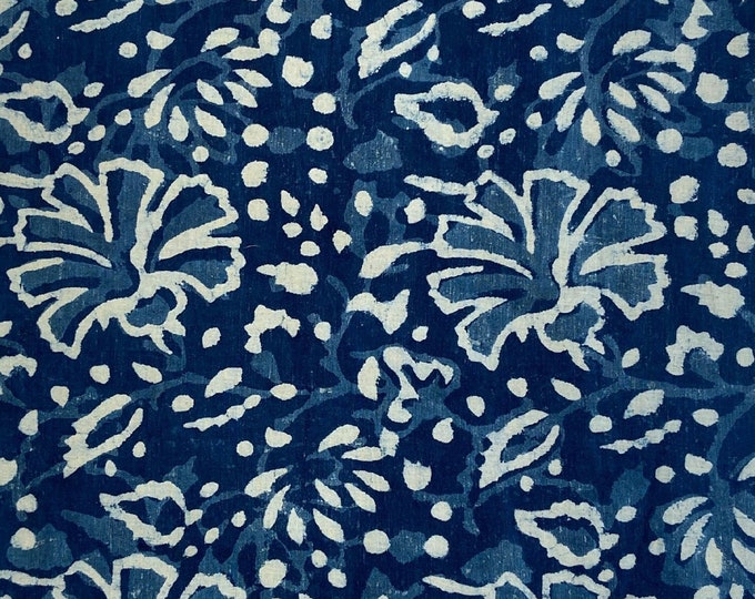 Hibiscus Naturally Dyed Floral Design Dabu/Indigo Printed Fabric Indigo/Dabu/Blue Sewing Fabric,  Fabric by Yard fab-454
