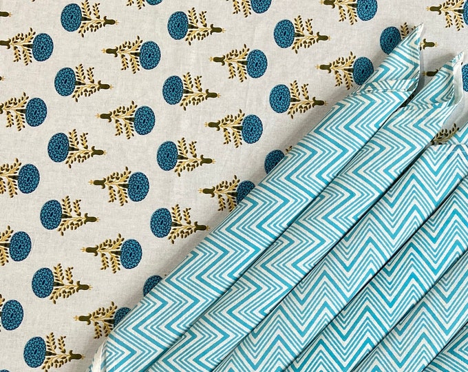 6 Seater Marigold Flower Rectangular Chevon Indian Block Print Cotton Tablecloth with Square Napkin set, Dinning Table Cover, 1.5MX2.25M