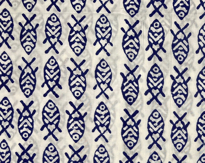 Block Print 100% cotton fish and chips shops pattern print Fabric Indigo print fabric in white background fab421