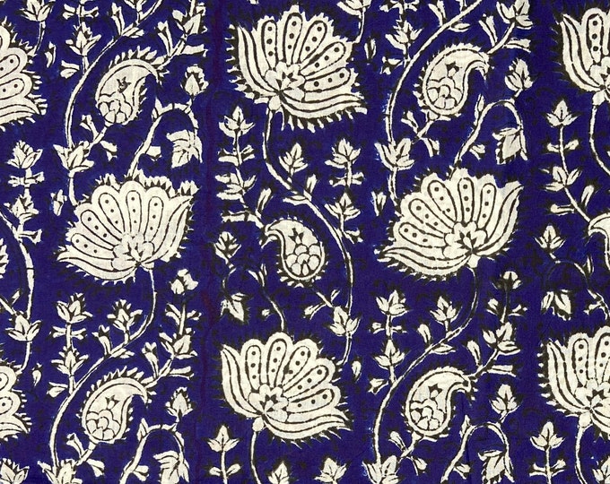 The Block print 100% cotton bagru/Jaipur Fabric; white/cobalt blue Lotus floral dress fabric summer dress fabric FAB107