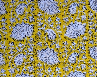 El bloque imprime 100% algodón bagru/Jaipur Fabric; Tela de vestido floral de loto amarillo/blanco tela de vestido de verano FAB107 Fabricwala