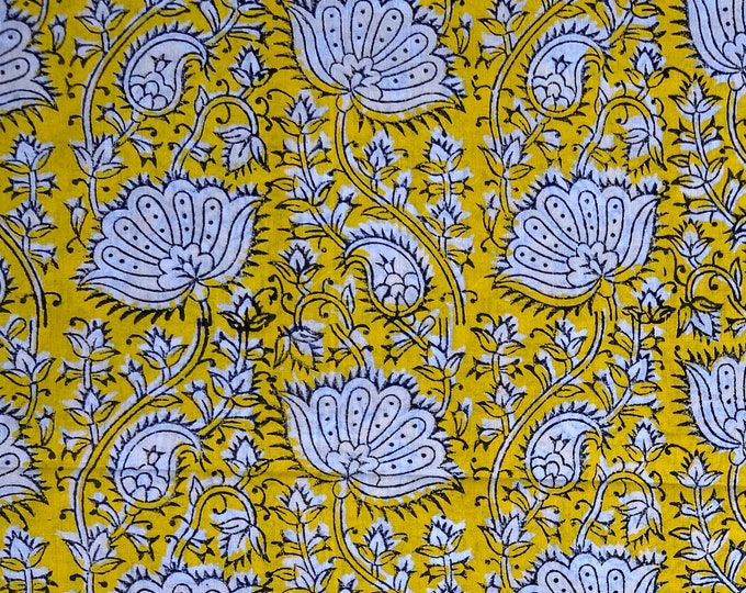 The Block print 100% cotton bagru/Jaipur Fabric; yellow/white Lotus floral dress fabric summer dress fabric FAB107 Fabricwala