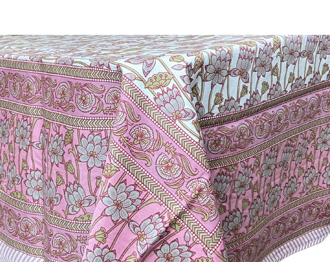 6 Seater Rectangular Pink-Grey Lotus Bordered Tablecloth/bedsheet Jaipur Tablecloth Indian Block Print Cotton table Cover150CM X 225CM