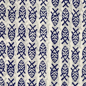 Block Print 100% cotton fish and chips shops pattern print Fabric Indigo print fabric in white background fab421
