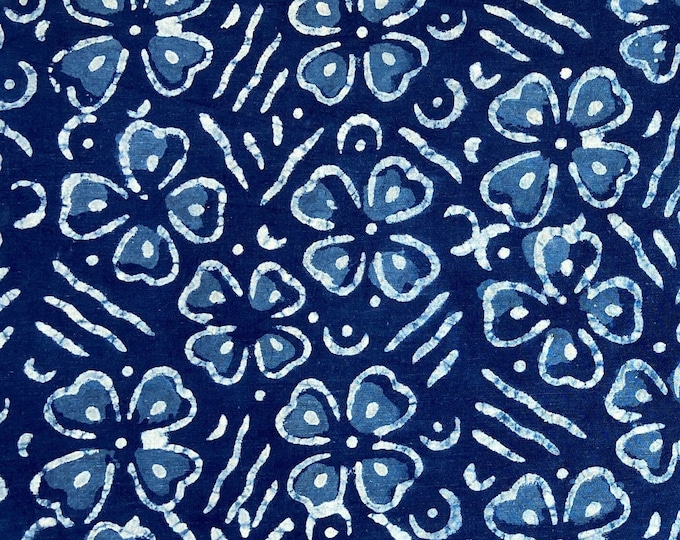 Naturally Dyed Floral Design Batik Printed Fabric Indigo/Dabu/Blue Sewing Fabric,  Fabric by Yard fab-351