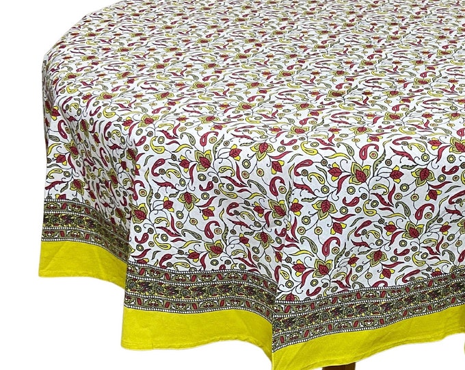 Round Floral Mustard Red Bordered Tablecloth Indian Block Print Cotton table Cover Housewarming Gift Traditional farmhouse tablecloth