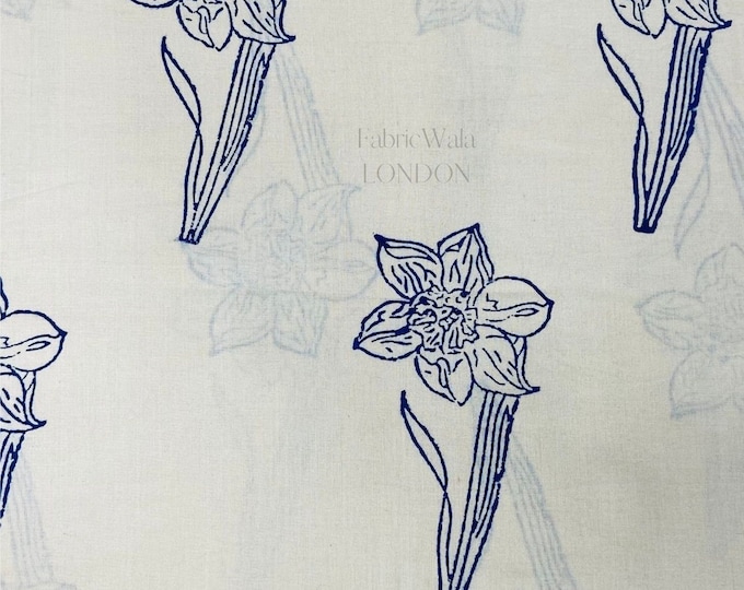 Block Print 100% cotton Fabric FAB155 indigo  Daffodils Fabric
