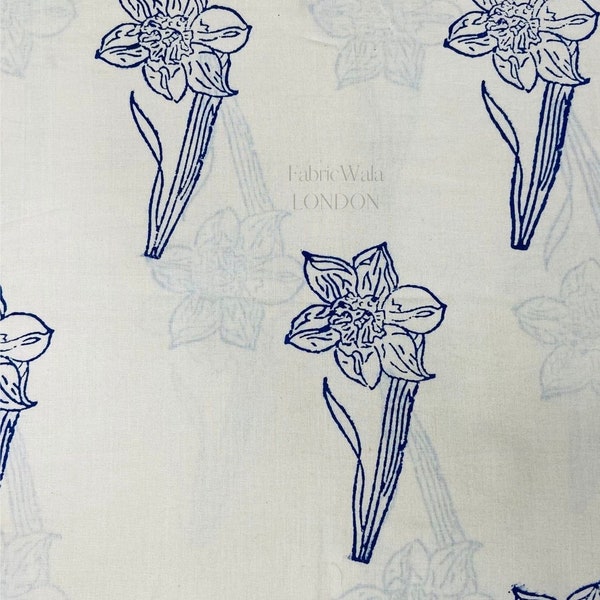 Block Print 100% cotton Fabric FAB155 indigo  Daffodils Fabric