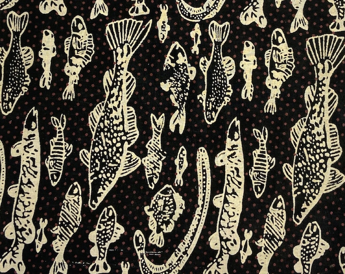 Fish Print Fabric Black Fabric Hand Block Printed Indian Handmade Fabric, Soft Cotton Light Weight Voile Fabric By The Yard  FAB044