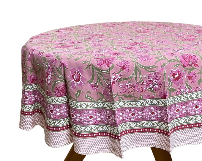 Round Pink/Red/Green flower designed tablecloth Housewarming Gift Country Kitchen Round Table Cloth Indian Block Print Cotton table Cover