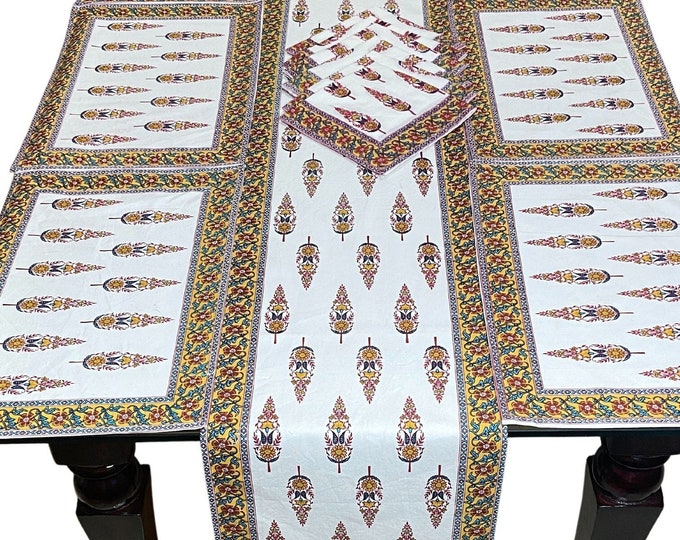 Rectangular Paisley Floral set- 1 Table Runner 6 Placemats 6 Napkins/Serviettes , Cotton Canvas Fabric Jaipur Tablecloth at Fabricwala