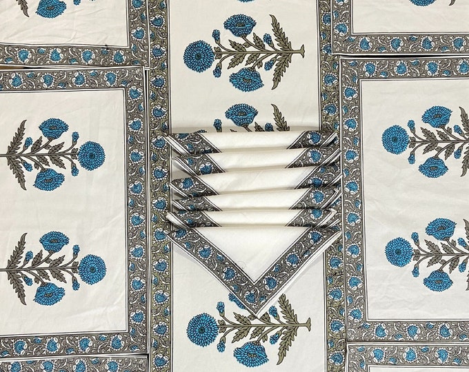 Rectangular Blue-White Marigold Floral set Cotton Canvas Fabric Bordered- 1 Table Runner 6 Placemats 6 Napkins/Serviette at Fabricwala