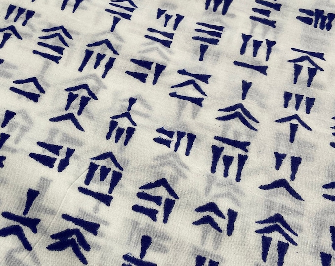 Sumerian Mesopotamian Cuneiform Art Language Vintage Block Print 100% Cotton Fabric WHITE-BACKGROUND/BLUE Print Fabric Language Fab253