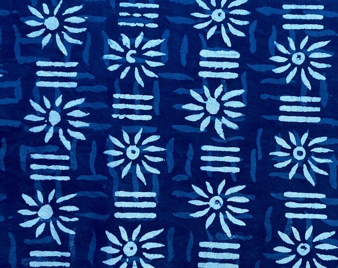 Indigo/Dabu/Blue block print fabric Hand Printed Blue and White Chakras Fijian Dress Natural Vegetable Dye Tablecloth Sewing Fabric, fab-354
