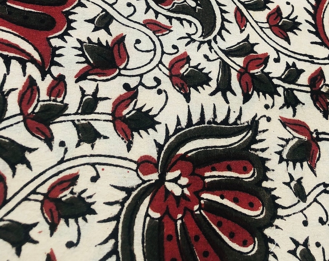 Block Print 100% cotton kalamkari Fabric; Red Wine/Olive green Lotus FAB107