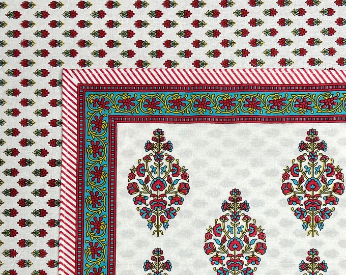 6 Seater Rectangular Floral Print Indian Block Print Cotton Tablecloth with Square Napkin set, Dinning Table Cover,150CM X 225CM