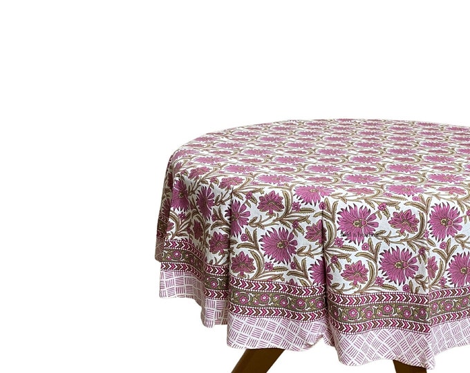 Round Flower patterned Pink Tablecloth Indian Block Print Cotton table Cover, Housewarming Gift, Country Kitchen Round Table overlay