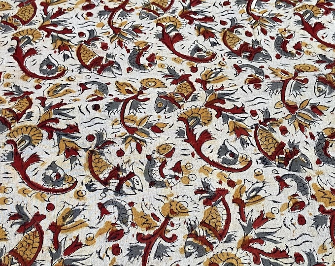 Block Print 100% cotton kalamkari Fabric;  Fishes in pond Sea Lover FAB437