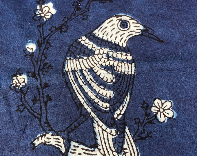 the raven crow horror gothic Indigo Blue white Dabu Block Print  Natural Indigo100% Voile Fabric For Dress Making SewingFabricwalaFAB139