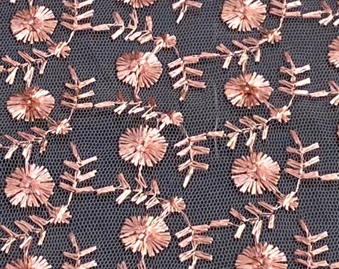 Copper flower/Net curtain fabric/Embroidered Pattern/Window fabric/Scalloped Beaded Fully Embroidery Bridal Tulle Net Fabric/Nikkah 415
