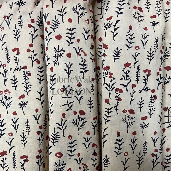 Block Print 100% Baumwolle Stoff Wilde Blume Kaffee Schwarz rot verkaufte lose Lagerware FAB167