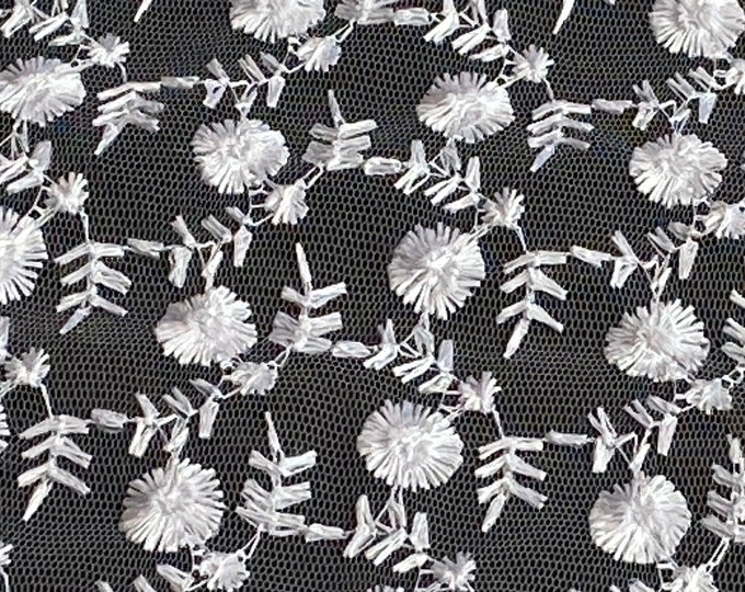 White Net curtain fabric/Floral Embroidered Pattern/Window fabric/ Floral lace net fabric/Curtain Fabric/Scalloped Beaded Net Fabric/ 388