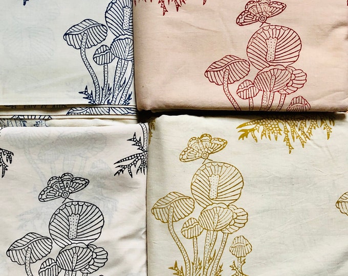 Mushroom and butterfly Indian hand Block PrintS 100% cotton Indigo/navy blue/Red/Mustard/Black Fabric, fungi lovers, magic mushroom FAB322