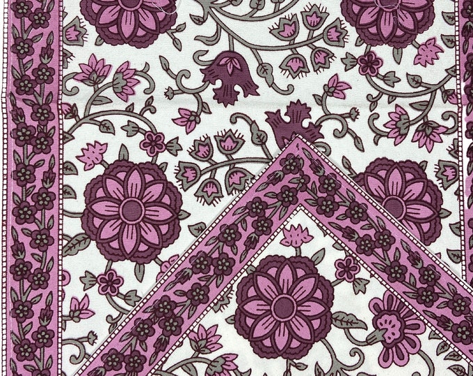 Rectangular Pink Circle Floral set- 1 Table Runner 6 Placemats 6 Napkins/Serviettes , Cotton Canvas Fabric Vegan dyes at Fabricwala