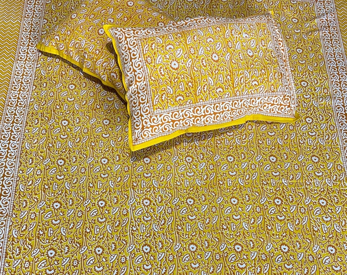 Cotton Kalamkari Handmade Block Print Bed Sheet Set/Floral Bed Spread/Country Cottage/Luxury bedding/Rajasthani/Jaipuri/ (90*108) B33