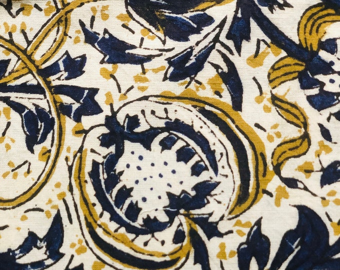 The Block Print cotton Fabric William Morris Pomegranate in multicolour Indigo/Mustard Print floral design fabric
