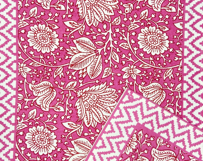 Rectangular Pink Floral set Cotton Canvas Fabric Bordered- 1 Table Runner 6 Placemats 6 Napkins/Serviette at Fabricwala