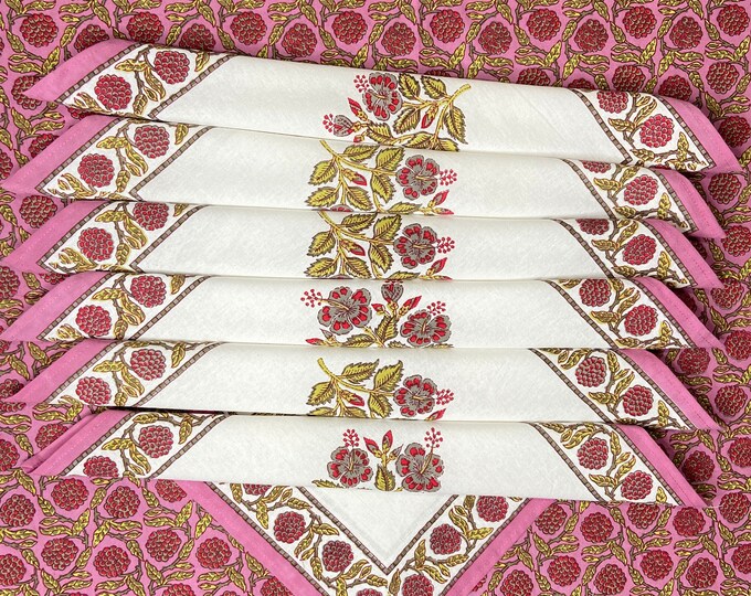 6 Seater Rectangular Hibiscus Flower Indian Block Print Cotton Tablecloth with Square Napkin set, Jaipur Tablecloth 150CM X 225CM