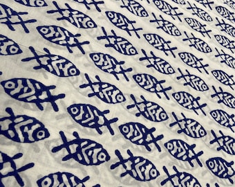 Block Print 100% cotton fish print Fabric in White-Background Indigo/Orange/Green/Yellow print fabric  fab421