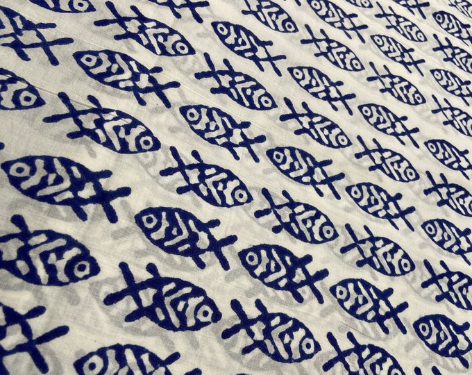 Block Print 100% cotton fish print Fabric in White-Background Indigo/Orange/Green/Yellow print fabric  fab421