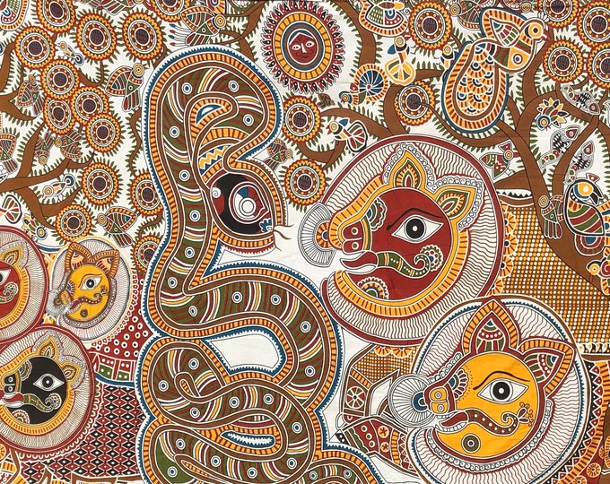 100% Cotton African Print, Madhubani Art Hand Screen Print coffee table cloth cover Fabric for Meditation Cushion wall tapestry FAB309