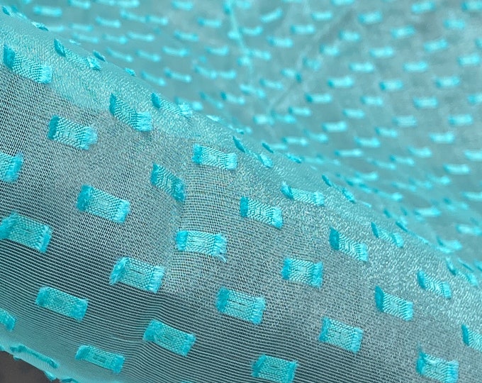 Turquoise blue net curtain fabric/Embroidered Net Dress Fabric/Washable curtain Fabric/Scalloped Beaded Net Fabric/Very light/Bridal/ 387