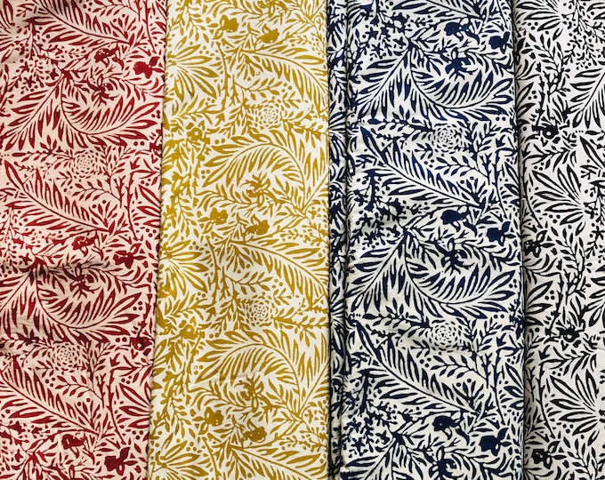 The Block PrintS cotton Fabric William Morris Larkspur Foliage Leaf in indigo/Blue/Mustard/Red/Black Print floral design hand made fabric