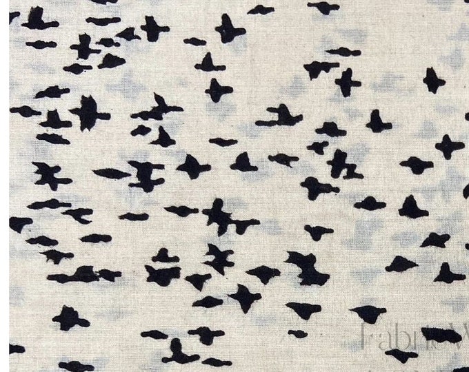 Sky Birds Black in off white background Hand Block Print 100% cotton Fabric Nature Print sold by yard FAB145
