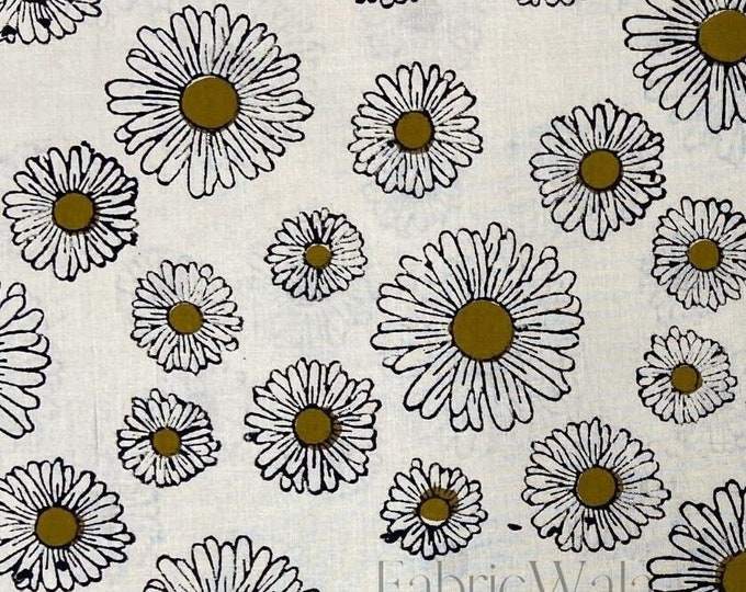 Block Print 100% cotton kalamkari Fabric Chamomile yellow indigo Mustard FAB162 Fabricwala