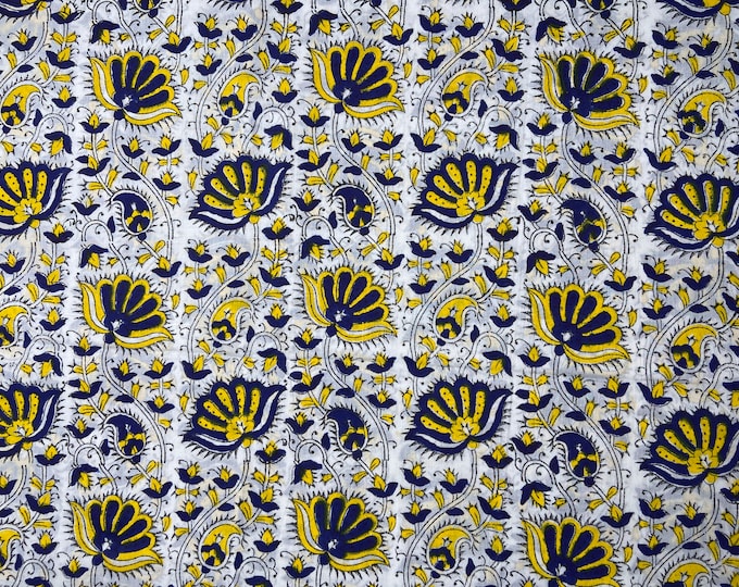 The Block print 100% cotton kalamkari Fabric; White/Cobalt blue Yellow Lotus FAB107 Fabricwala