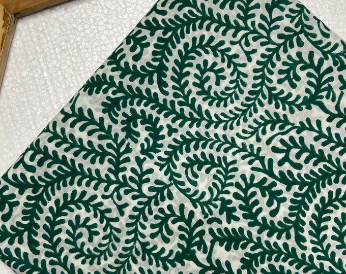 Vendure in green Block print  fabric 100% cotton in White Background Green Print floral design fabric FAB506
