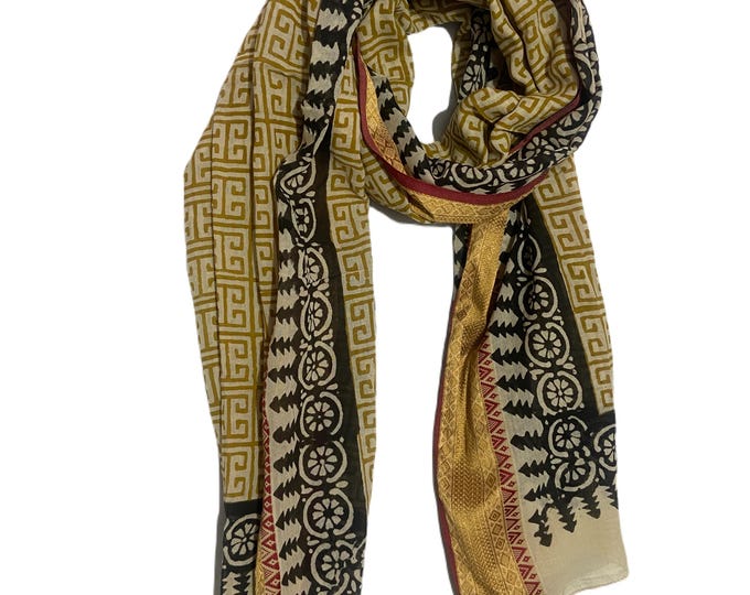 Indian Hand Block Printed Cotton Sarongs, Golden Border Beach Pareos & Summer Scarves
