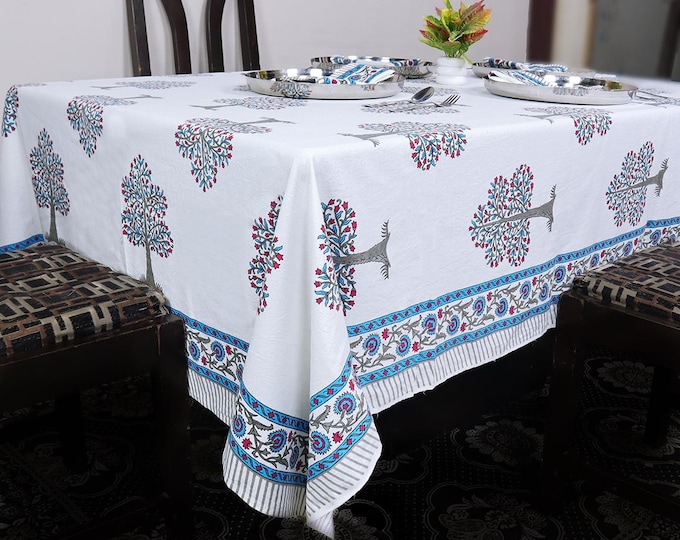 8 Seater Rectangular Floral Tablecloth with Napkin set, Jaipur Tablecloth Indian Block Print Cotton table Cover, Housewarming Gift