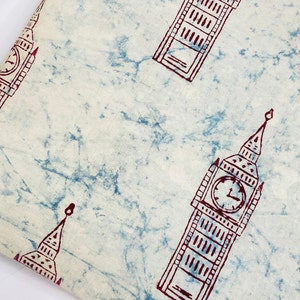 100% Handgedruckter Baumwollstoff Vintage Baumwollstoff Big Ben Big Ben 100% Baumwolle Turmuhr Big Ben