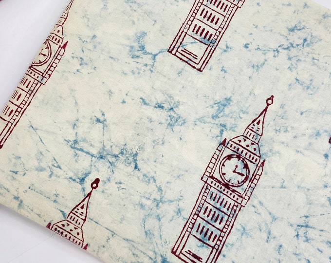 100% Hand Block Print Cotton Fabric by the yard Tower clock big ben British style  Vintage cotton fabric Fab005