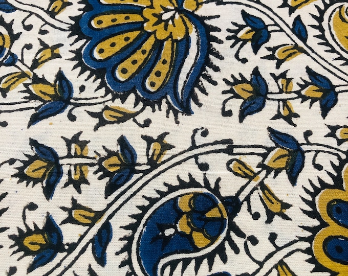 The Block print 100% cotton kalamkari Fabric; Mustard/Cobalt blue Lotus FAB107 Fabricwala
