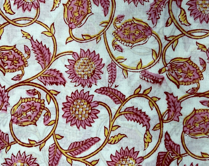 Indian Hand Block Print Soft Fabric By Meter, 100 % Pure Cotton Voile Fabric For Dress Making/Sewing/Crafting/Upholstery Fab507