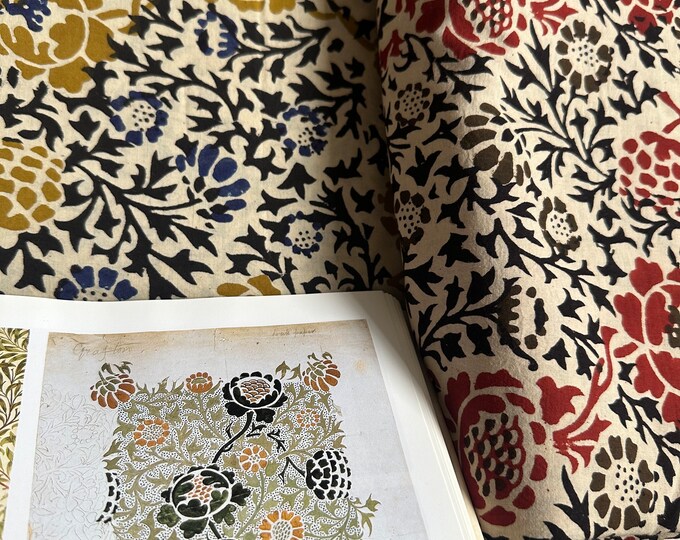 Beautiful 100% Cotton Hand Block Printed William Morris Chrysanthemum in Black Mustard Blue Fabric, fabric by yard