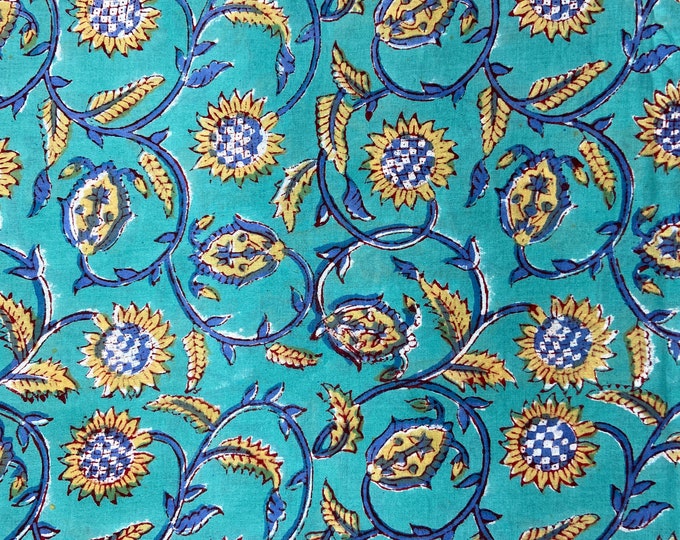 Indigo Fabric block print fabric Flower Hand Printed India Fabric Natural Vegetable Dye Sewing Fabric, Tablecloth Fabric By The Yard  Fab512